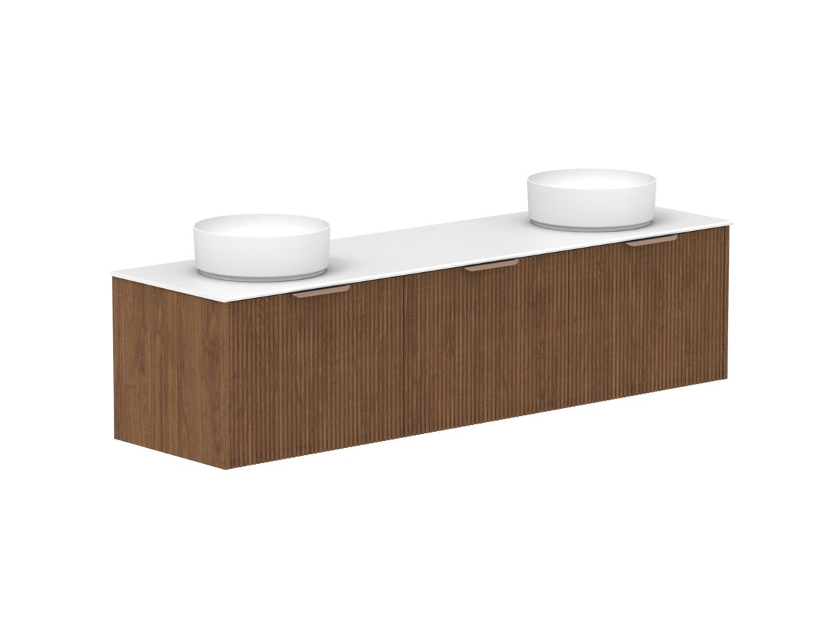 Hero - Kado Neue Fluted Square All Drawer 1800mm Wall Hung Vanity with Double Basin Durasein 12mm Top Florentine Walnut