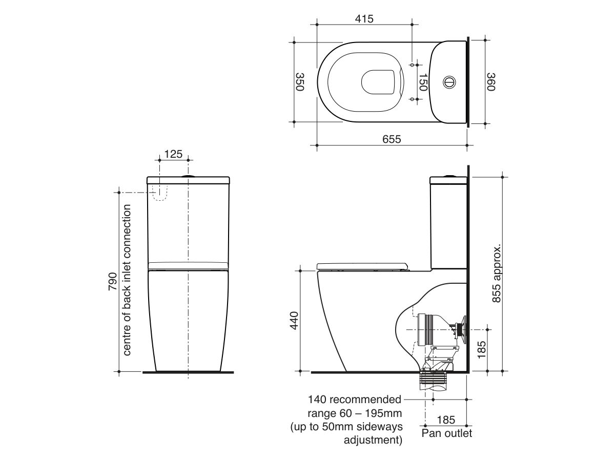 Technical Drawing - Caroma Forma II Cleanflush Close Coupled Back to Wall Back Inlet Toilet Suite with Soft Close Quick Release Seat (4 Star)