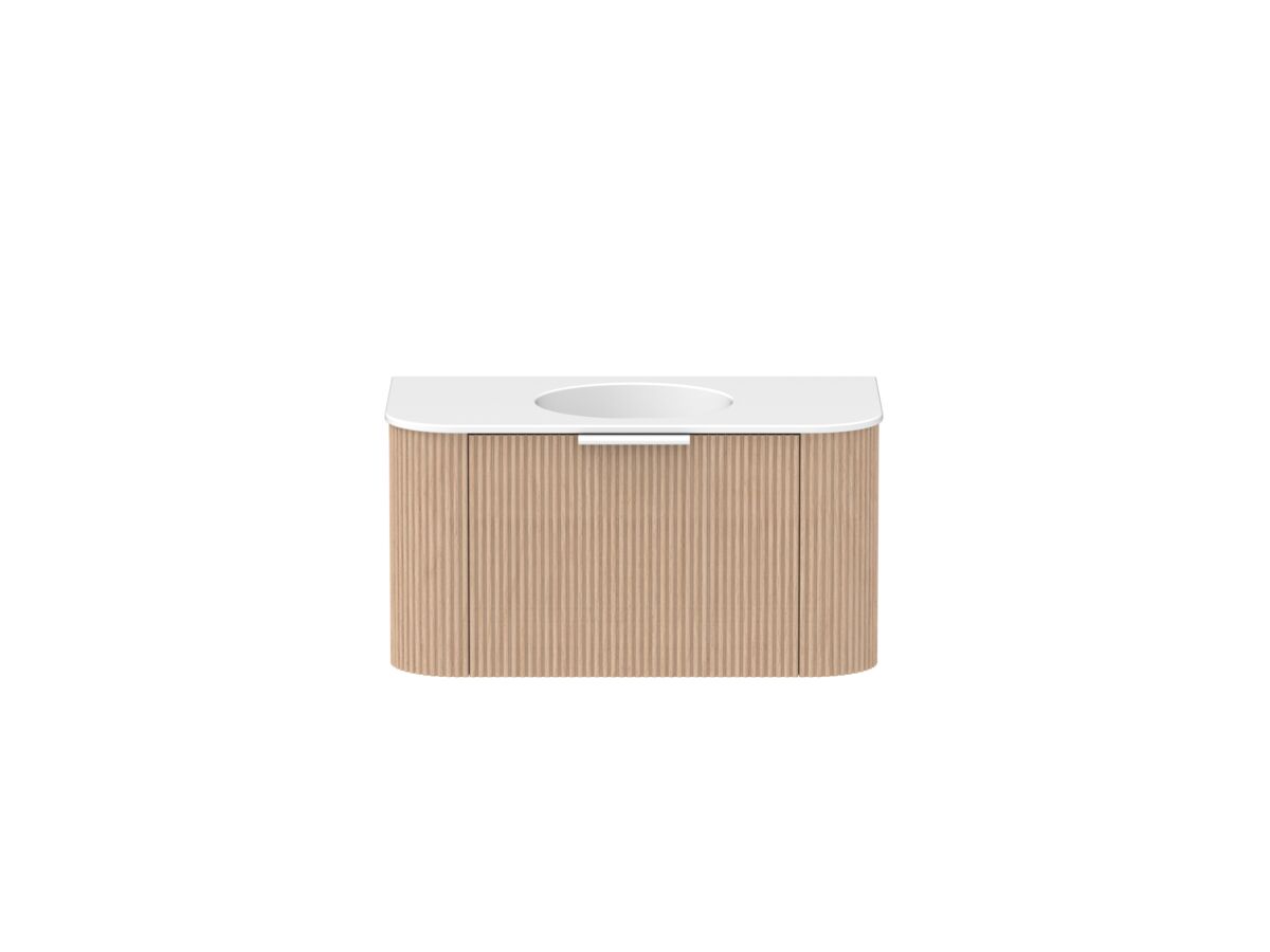 Supporting Image - Kado Neue Fluted Double Curve 900mm Wall Hung Vanity Centre Basin Matte White Ceramic Top Blonde Oak