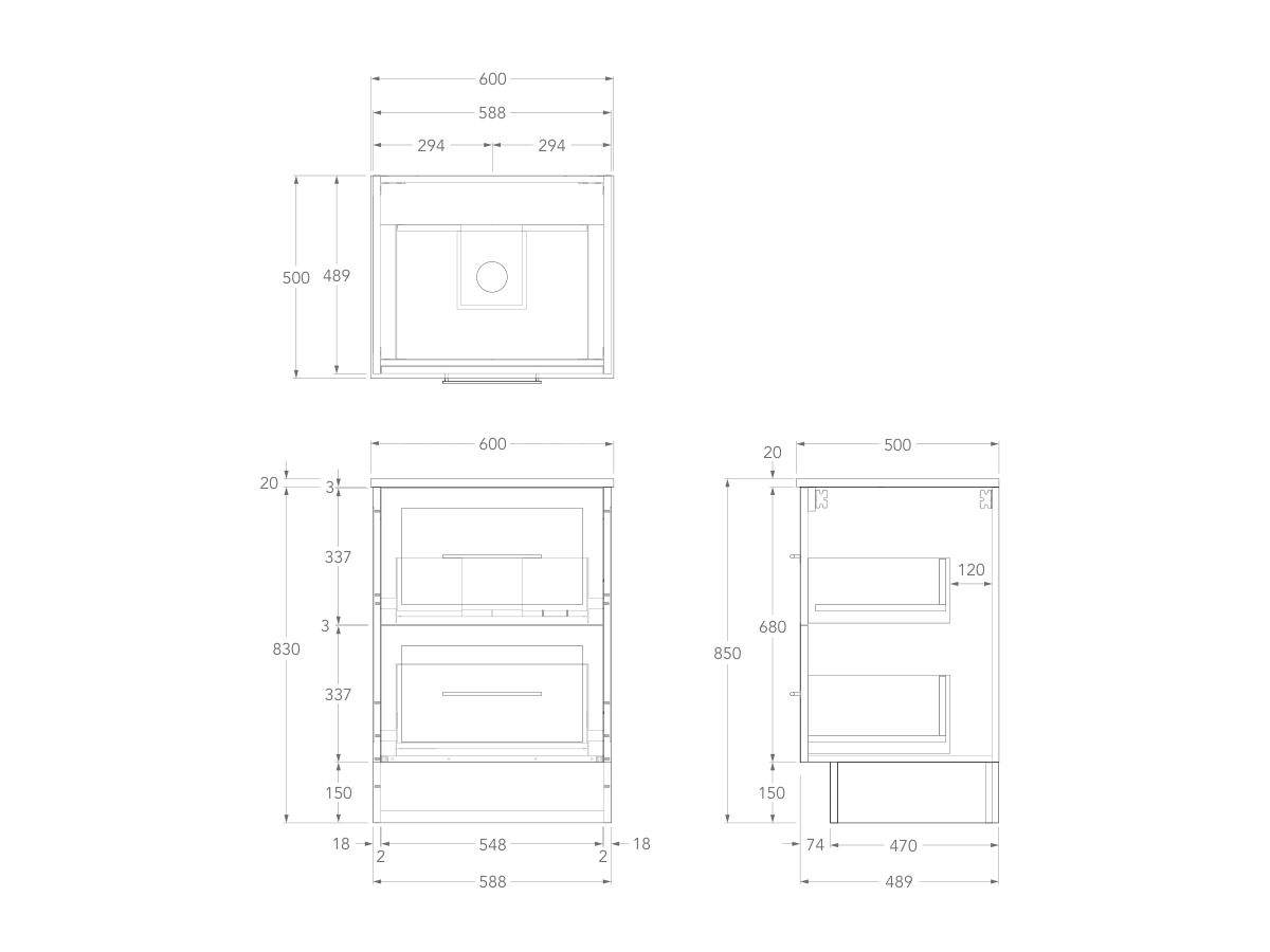 Kado Lux Floor Mounted 600mm with Kickboard 2 Drawer Single Centre Vanity (No Basin)