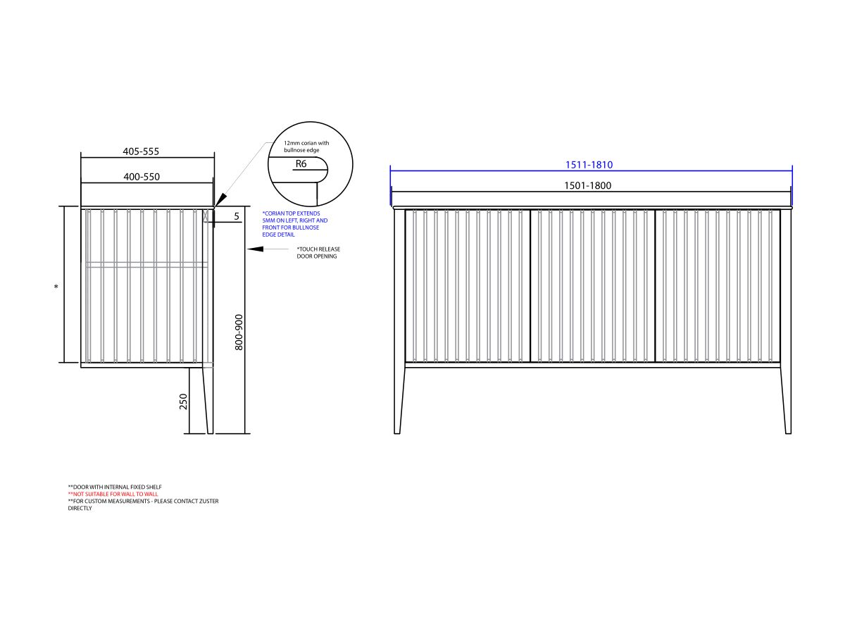 ISSY Custom Cloud I 1501-1800mm x 400-550mm x 800-900mm Vanity Unit with Legs 3 Touch Latch Doors Semi Inset (No Basin)