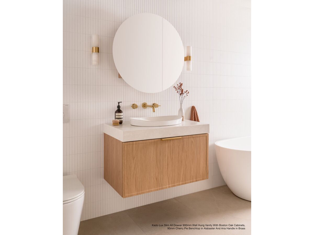 Kado Lux Slim All Drawer 900mm Wall Hung vanity with Boston Oak cabinets, 90mm Cherry Pie benchtop in Alabaster and Aria handle in Brass