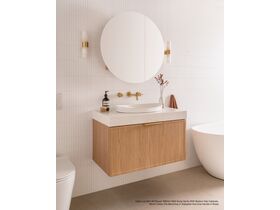 Kado Lux Slim All Drawer 900mm Wall Hung vanity with Boston Oak cabinets, 90mm Cherry Pie benchtop in Alabaster and Aria handle in Brass