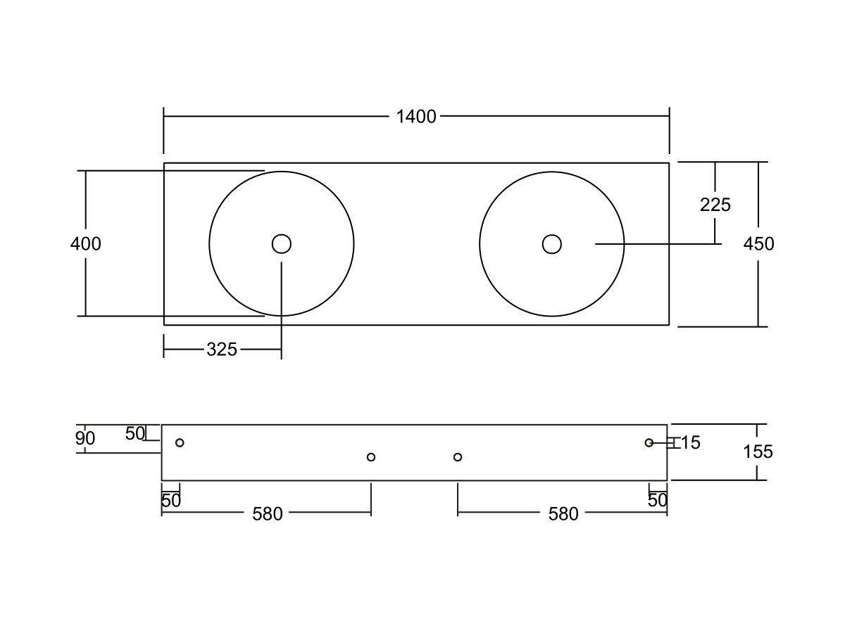 Omvivo Neo Solid Surface Wall Basin Double Bowl No Taphole 1400mm White