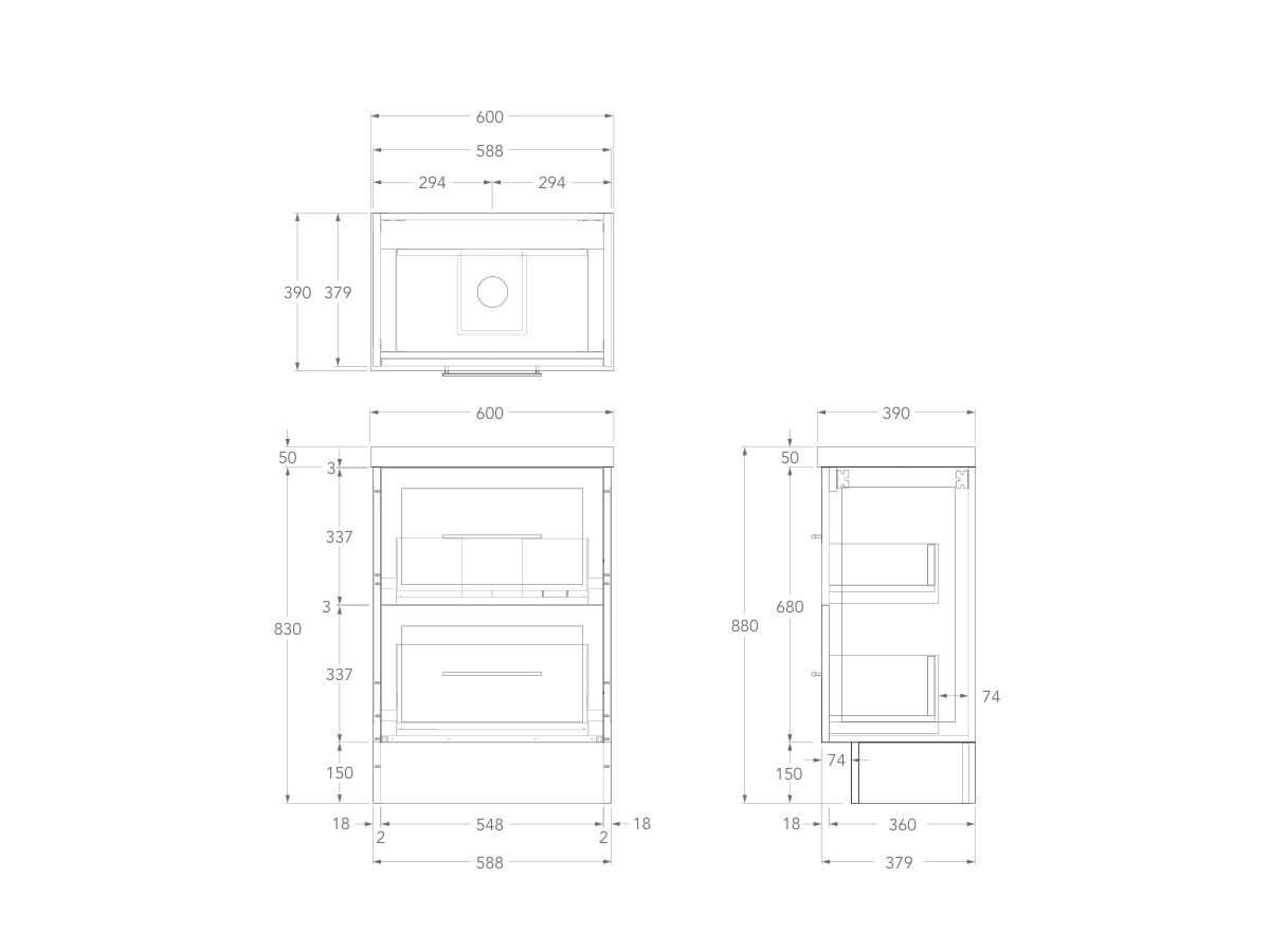 Technical Drawing - Kado Lux Ensuite All Drawer Twin 600mm Floor Mount Centre Basin 50mm Top