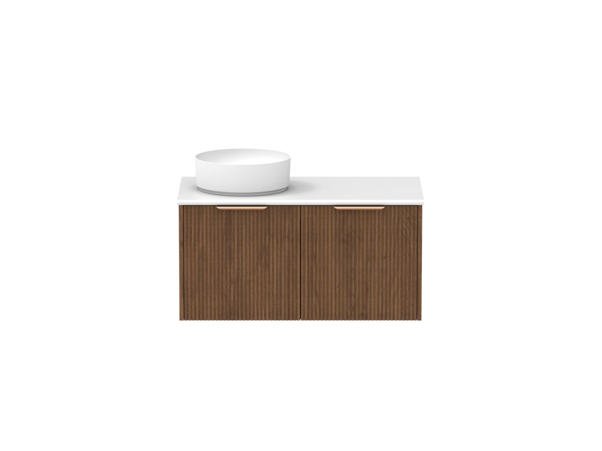 Supporting Image - Kado Neue Fluted Square 900mm Wall Hung Vanity with Left Basin 20mm Top Florentine Walnut