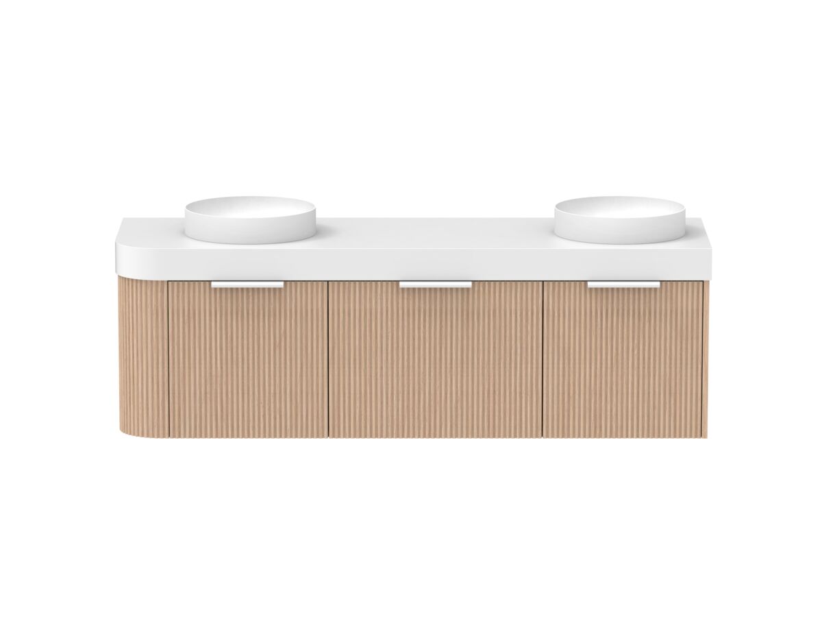 Supporting Image - Kado Neue Fluted Single Curve All Drawer 1650mm Wall Hung Vanity with Double Basin Durasein 90mm Top Blonde Oak