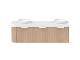 Supporting Image - Kado Neue Fluted Single Curve All Drawer 1650mm Wall Hung Vanity with Double Basin Durasein 90mm Top Blonde Oak