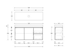 Technical Drawing - Posh Domaine 1200mm Ensuite Wall Hung Vanity Unit Single Bowl 90mm Top