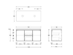Technical Drawing - Posh Domaine 1200mm Wall Hung Vanity Unit Conventional Double Bowl 50mm Top