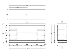 Technical Drawing - Posh Domaine 1800mm Floor Mount Vanity Unit Conventional Single Bowl 90mm Top