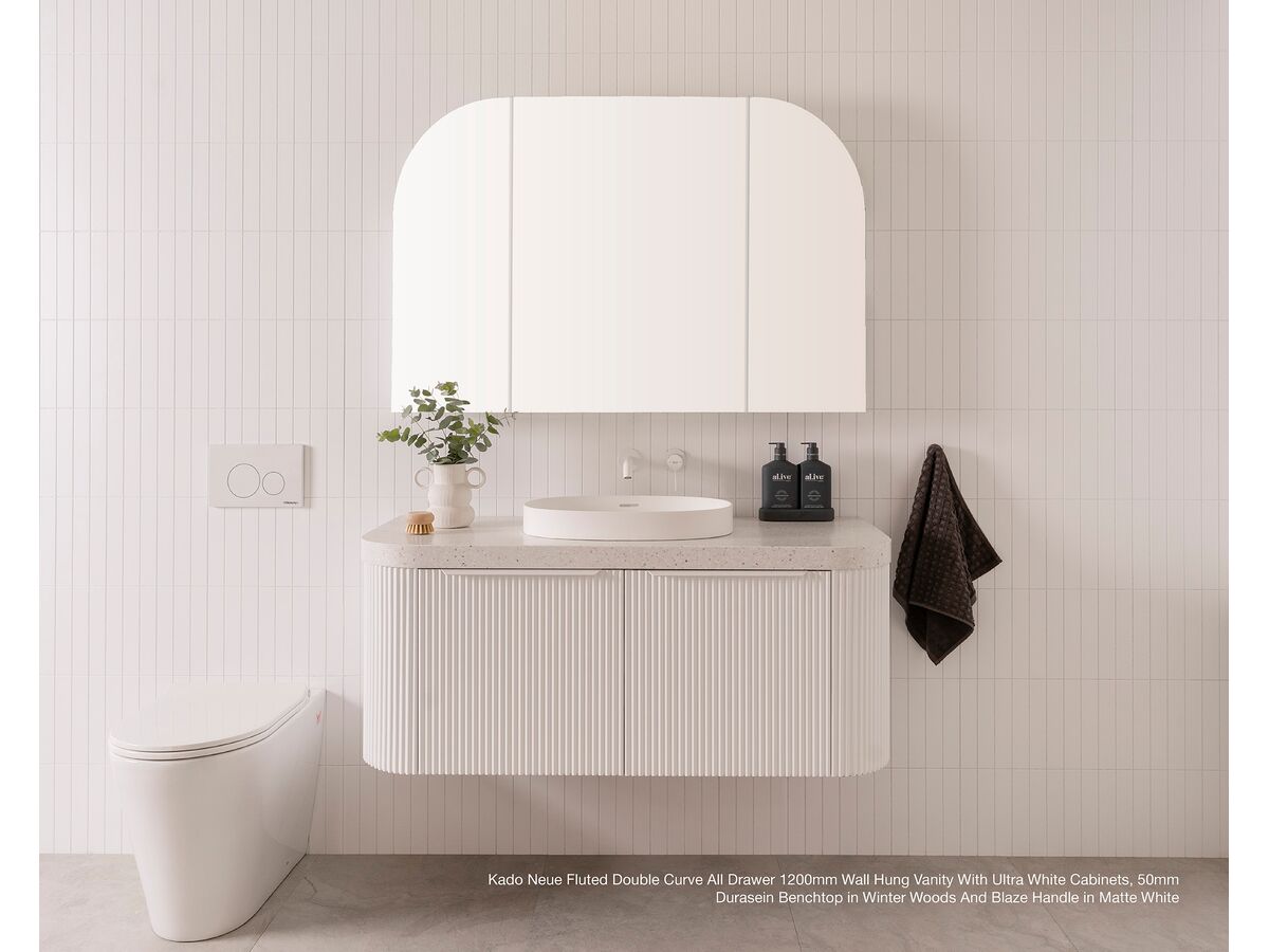 Kado Neue Fluted Double Curve All Drawer 1200mm Wall Hung vanity with Ultra White cabinets, 50mm Durasein benchtop in Winter Woods and Blaze handle in Matte White