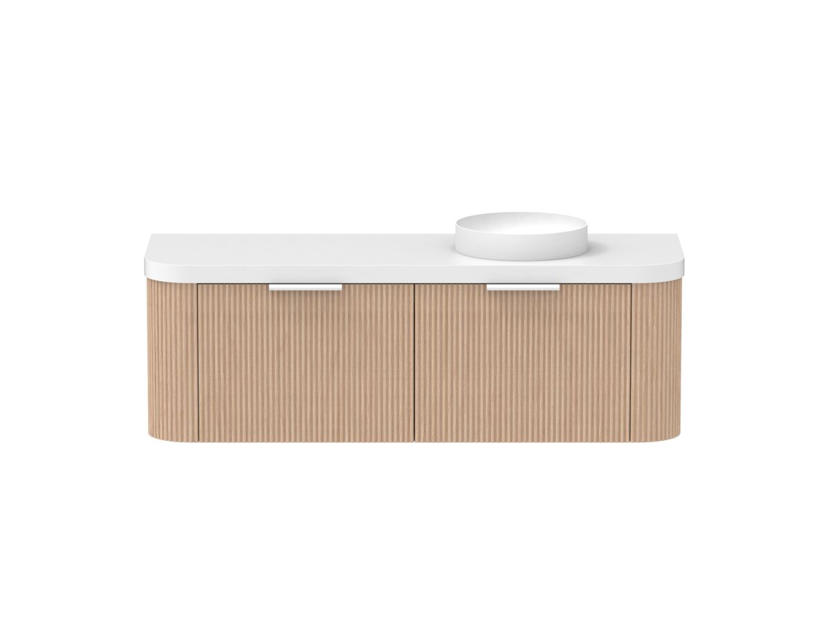 Supporting Image - Kado Neue Fluted Double Curve All Drawer 1500mm Wall Hung Vanity with Right Hand Basin Durasein 50mm Top Blonde Oak
