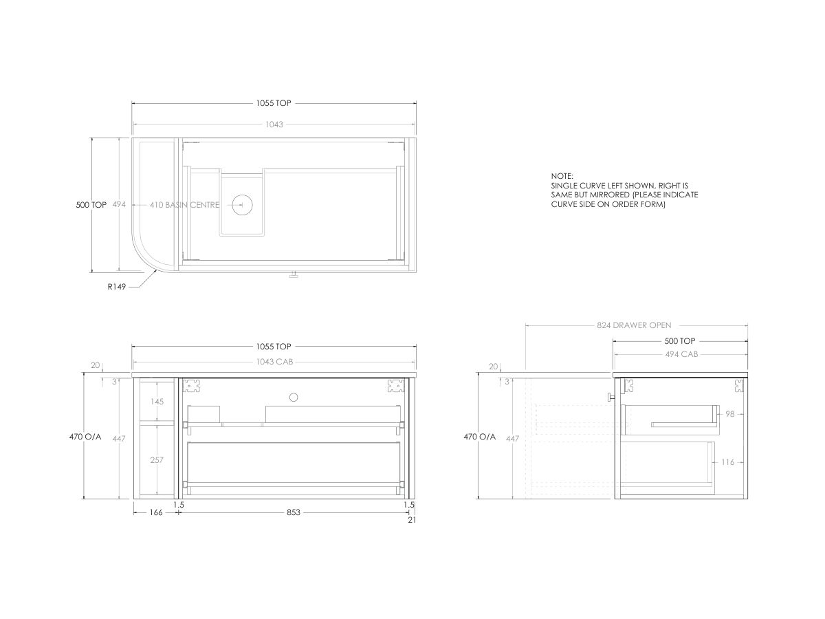 Technical Drawing - Kado Era Single Curve All Drawer 1050mm Wall Hung Vanity with Left Hand Basin 20mm Top