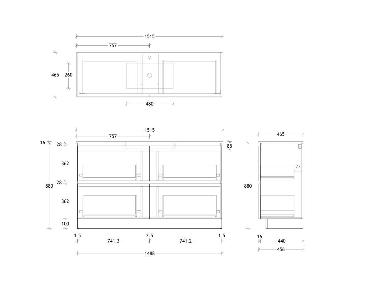Posh Domaine & Domaine Plus All-Drawer Twin 1500mm Floor Mounted Vanity Unit Single Bowl Ceramic Top Centre Basin