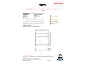 Specification Sheet - Mizu Drift MK2 750 x 800mm Heated Towel Rail Only (Less Transformer) Brushed Gold PVD