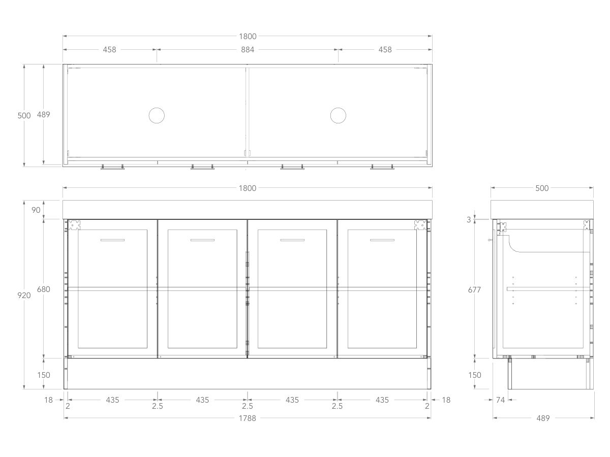 Kado Lux Door Vanity Unit 1800 Floor Mount Double Bowl Statement Top 4 Doors (No Basin)