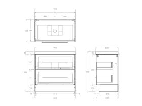 Technical Drawing - Kado Lux 900mm All Drawer Floor Mounted Vanity Unit 2 Drawers Single Centre Vanity 50mm Top