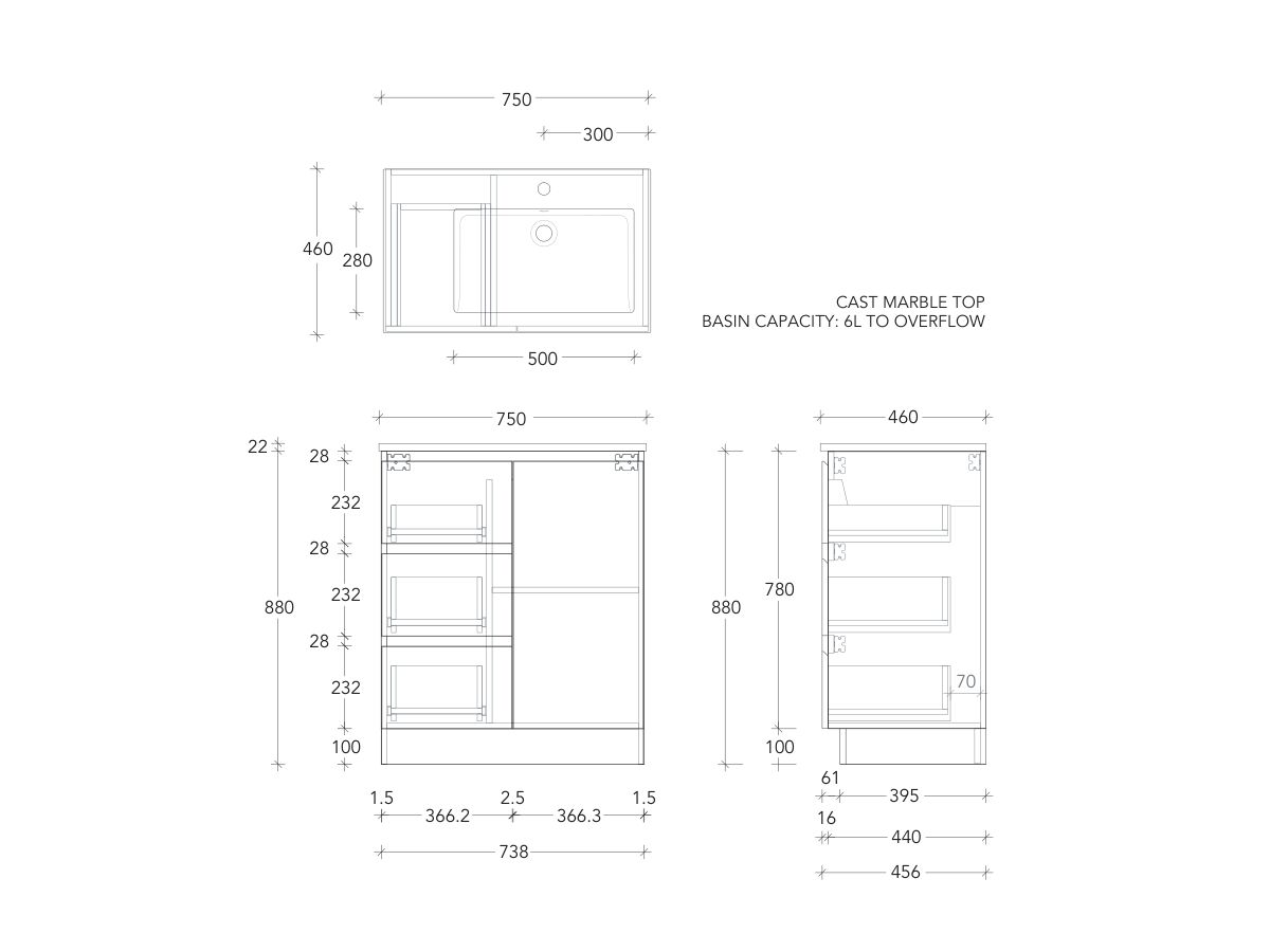 Posh Domaine Conventional 750mm Floor Mounted Vanity Unit Cast Marble Right Hand Basin