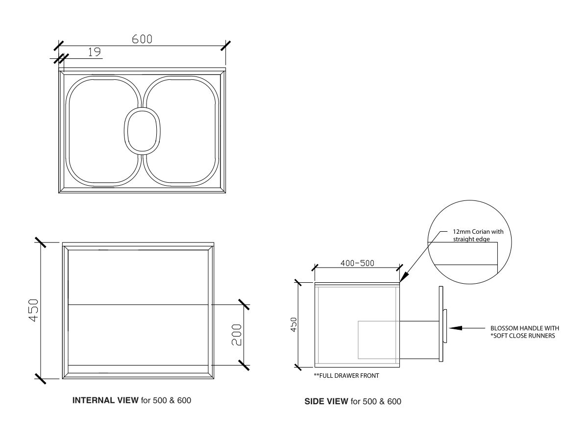 ISSY Blossom II 600 x 400-500 x 450 Vanity Unit with One Soft Close Drawer Only, No Internal Drawer, with Handle