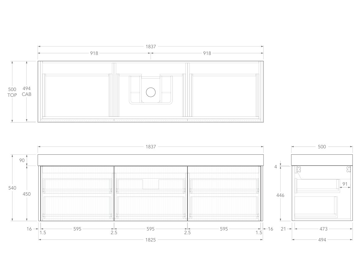 Technical Drawing - Kado Neue Fluted Square All Drawer 1800mm Wall Hung Vanity with Centre Basin 90mm Top