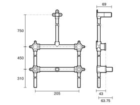 Technical Drawing - Dura Ardent Bath & Shower Assembly 200mm Centre with 300mm Tails Bottom Entry Lead Free