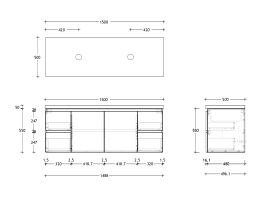 Technical Drawing - Posh Domaine 1500mm Wall Hung Vanity Unit Conventional Double Bowl 50mm Top