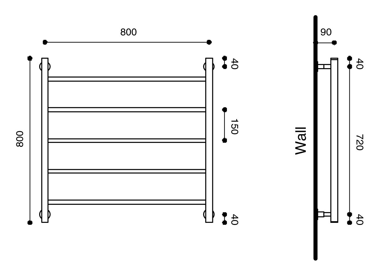 Technical Drawing - Hydrotherm Pure 800 x 800 Heated Towel Rail