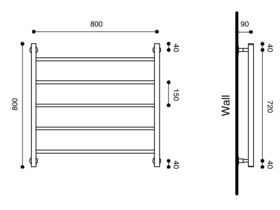 Technical Drawing - Hydrotherm Pure 800 x 800 Heated Towel Rail