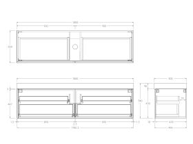 Technical Drawing - Kado Lux Slim All Drawer 1800mm Wall Hung Vanity with Centre Basin 90mm Top