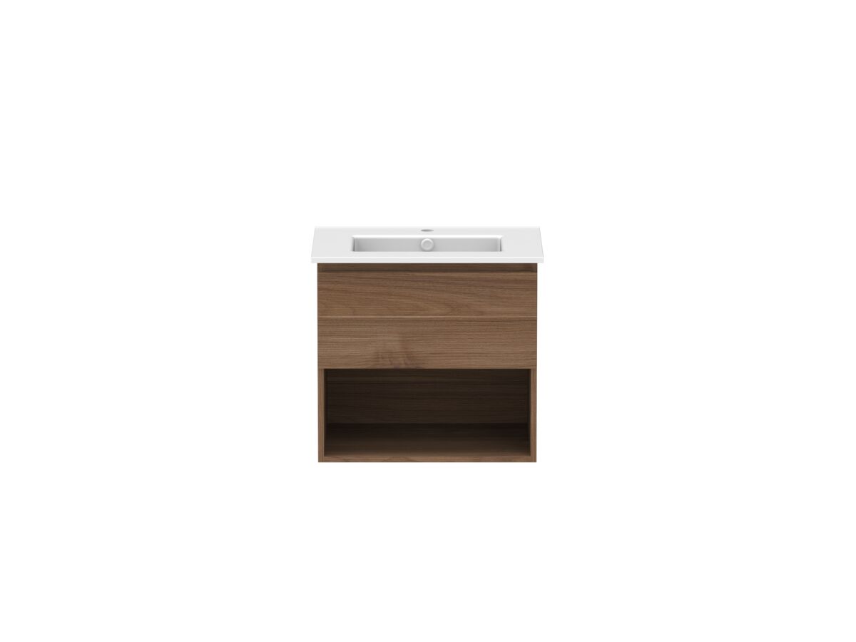 Hero - Posh Domaine 600mm Wall Hung Vanity Unit All-Drawer Open Shelf Matte White Ceramic Top