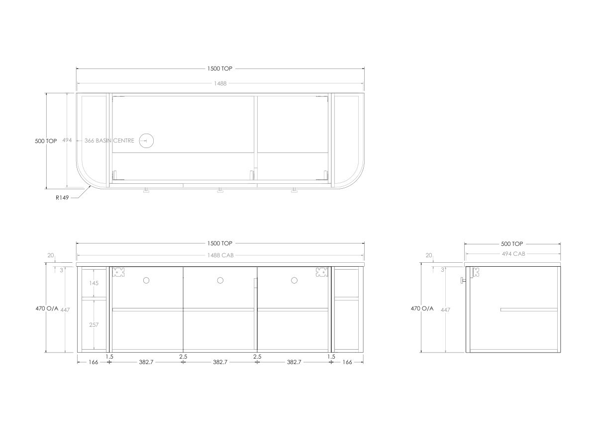 Technical Drawing - Kado Era Double Curve All Door 1500mm Wall Hung Vanity with Left Hand Basin 20mm Top