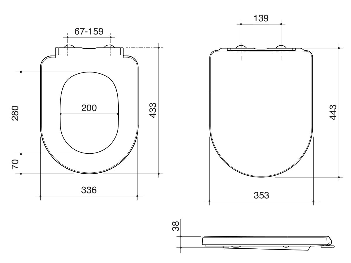 Technical Drawing - Caroma Forma II Toilet Seat Soft Close Quick Release