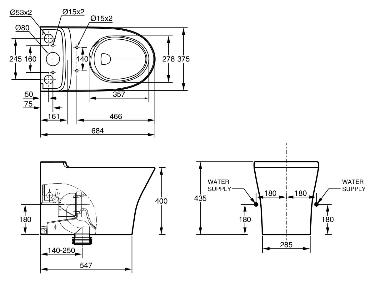 Technical Drawing - American Standard Signature Hygiene Rim Close Coupled Back to Wall Bottom Inlet Pan White (4 Star)