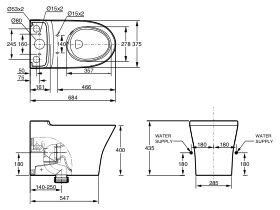 Technical Drawing - American Standard Signature Hygiene Rim Close Coupled Back to Wall Bottom Inlet Pan White (4 Star)