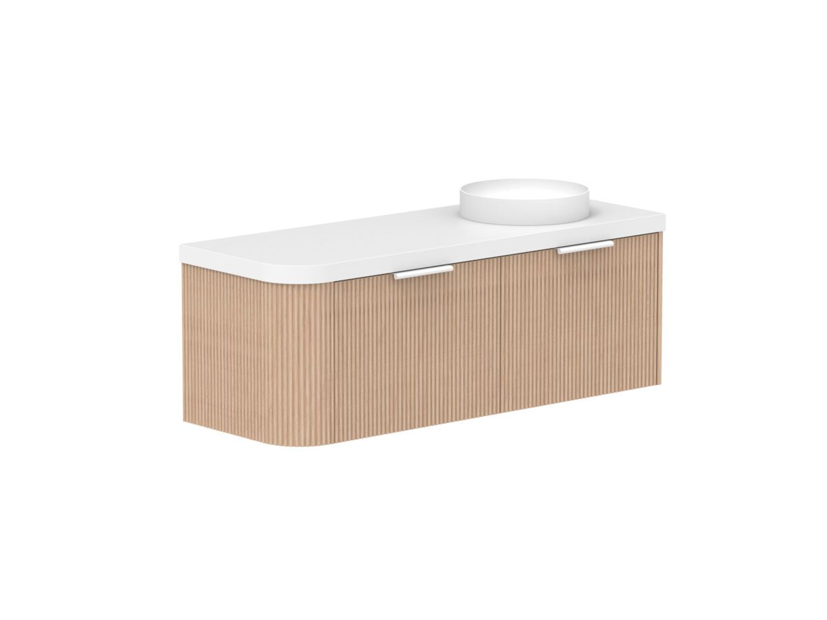 Supporting Image 2- Kado Neue Fluted Single Curve All Drawer 1350mm Wall Hung Vanity with Right Hand Basin Durasein 50mm Top Blonde Oak