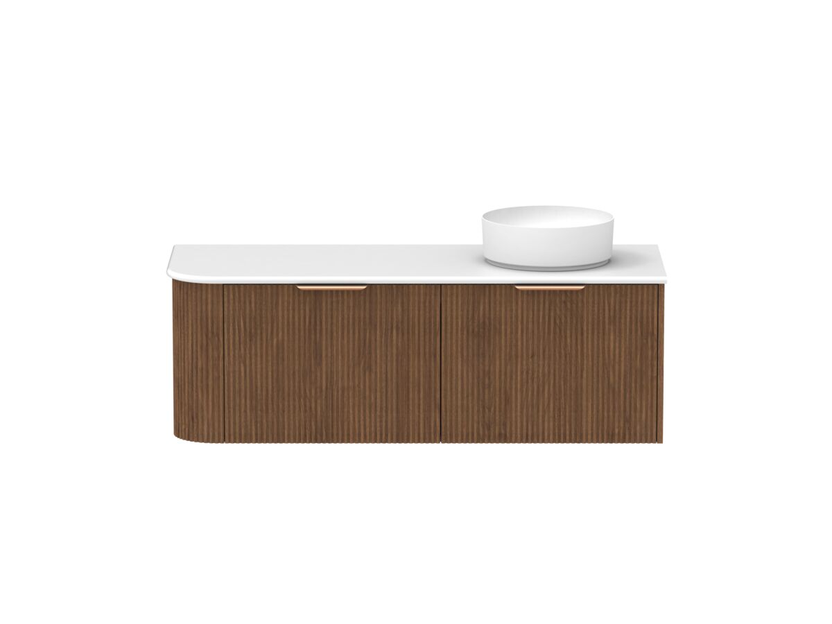 Supporting Image - Kado Neue Fluted Single Curve All Drawer 1350mm Wall Hung Vanity with Right Hand Basin 20mm Top Florentine Walnut