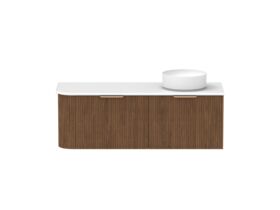 Supporting Image - Kado Neue Fluted Single Curve All Drawer 1350mm Wall Hung Vanity with Right Hand Basin 20mm Top Florentine Walnut