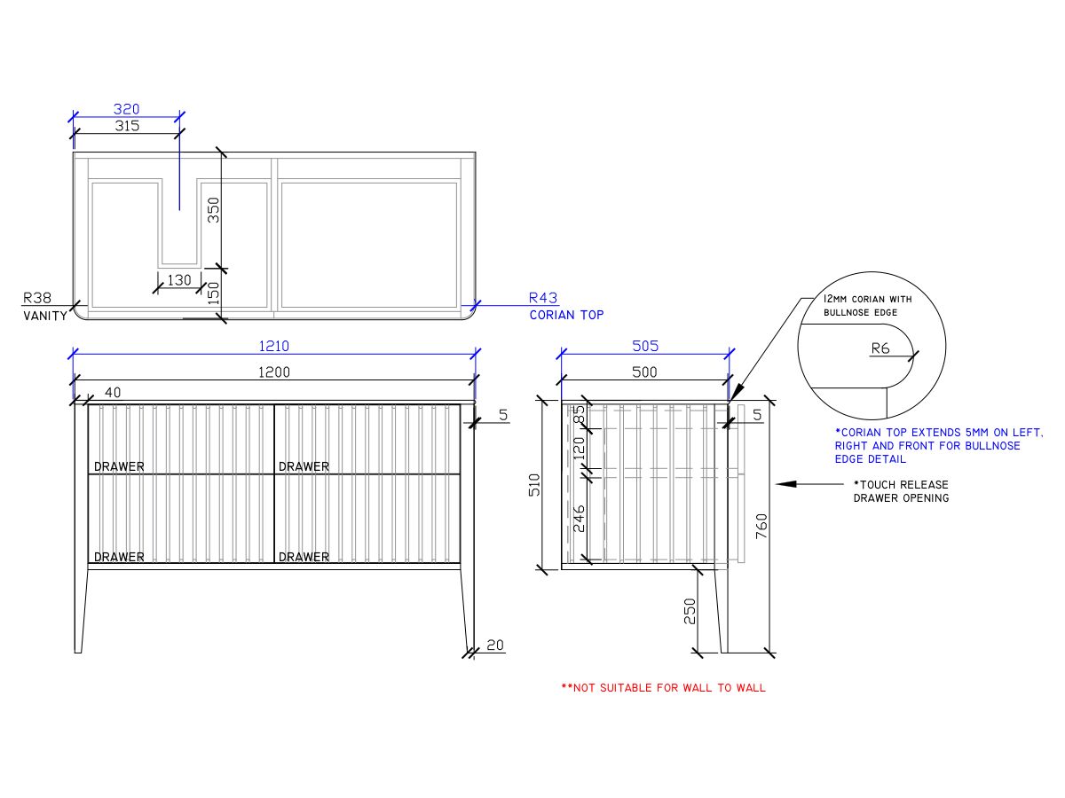 ISSY Cloud II 1200mm x 500mm x 760mm Vanity Unit with Legs 4 Touch Latch Drawers (No Basin)