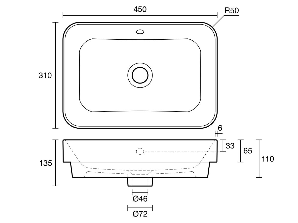 Technical Drawing - Posh Domaine Rectangle Semi Inset Basin with Overflow 450mm x 310mm White