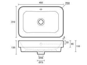 Technical Drawing - Posh Domaine Rectangle Semi Inset Basin with Overflow 450mm x 310mm White