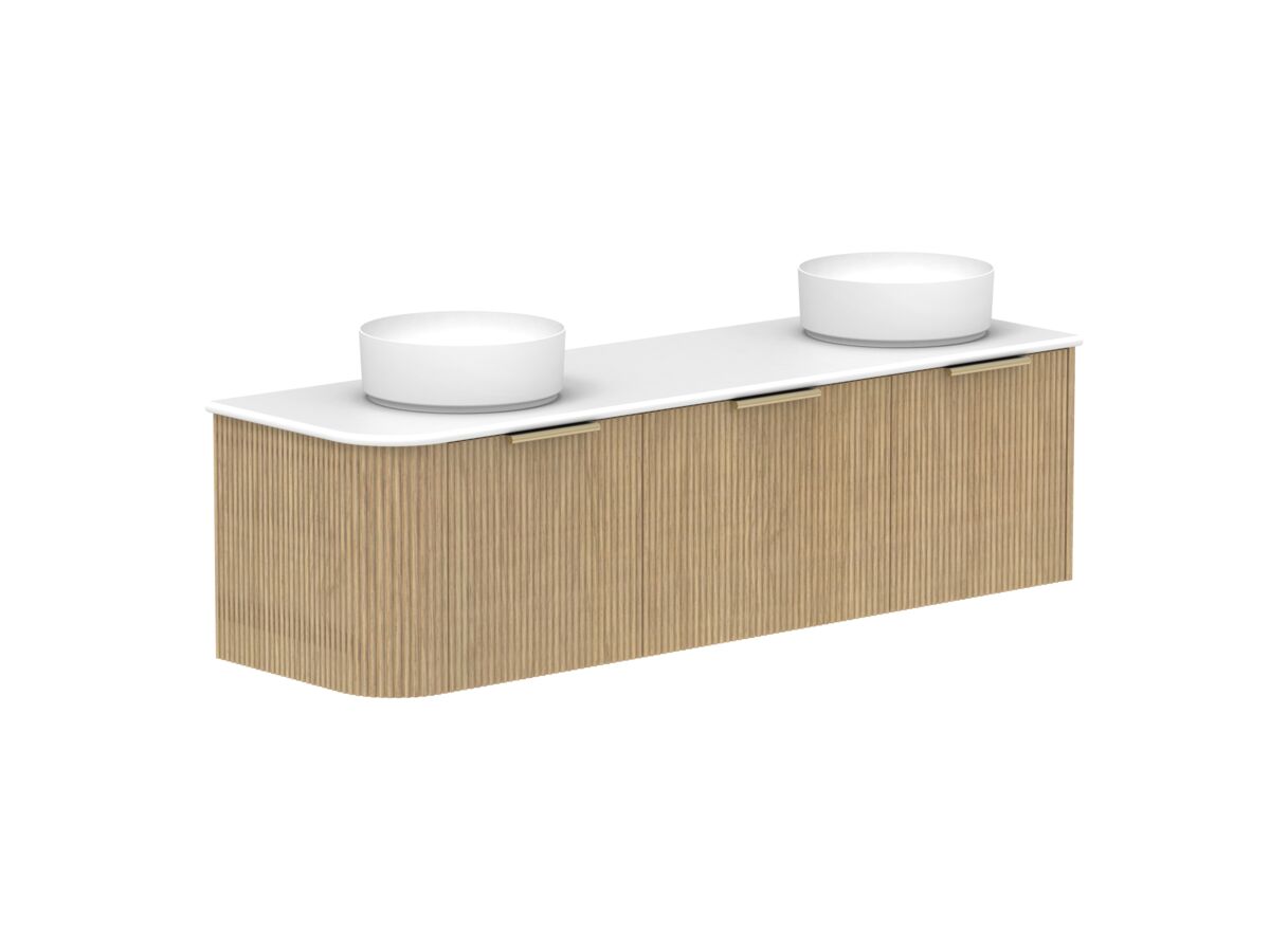 Supporting Image 2- Kado Neue Fluted Single Curve All Drawer 1650mm Wall Hung Vanity with Double Basin 20mm Top Boston Oak
