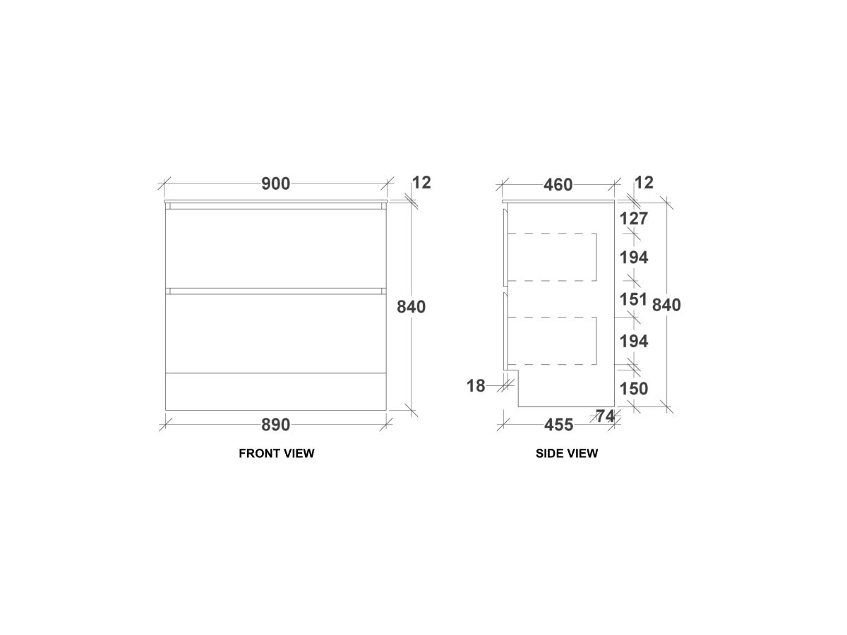 Kado Arc Timber Double Drawer with Kick 900 Vanity Corian 12mm Top