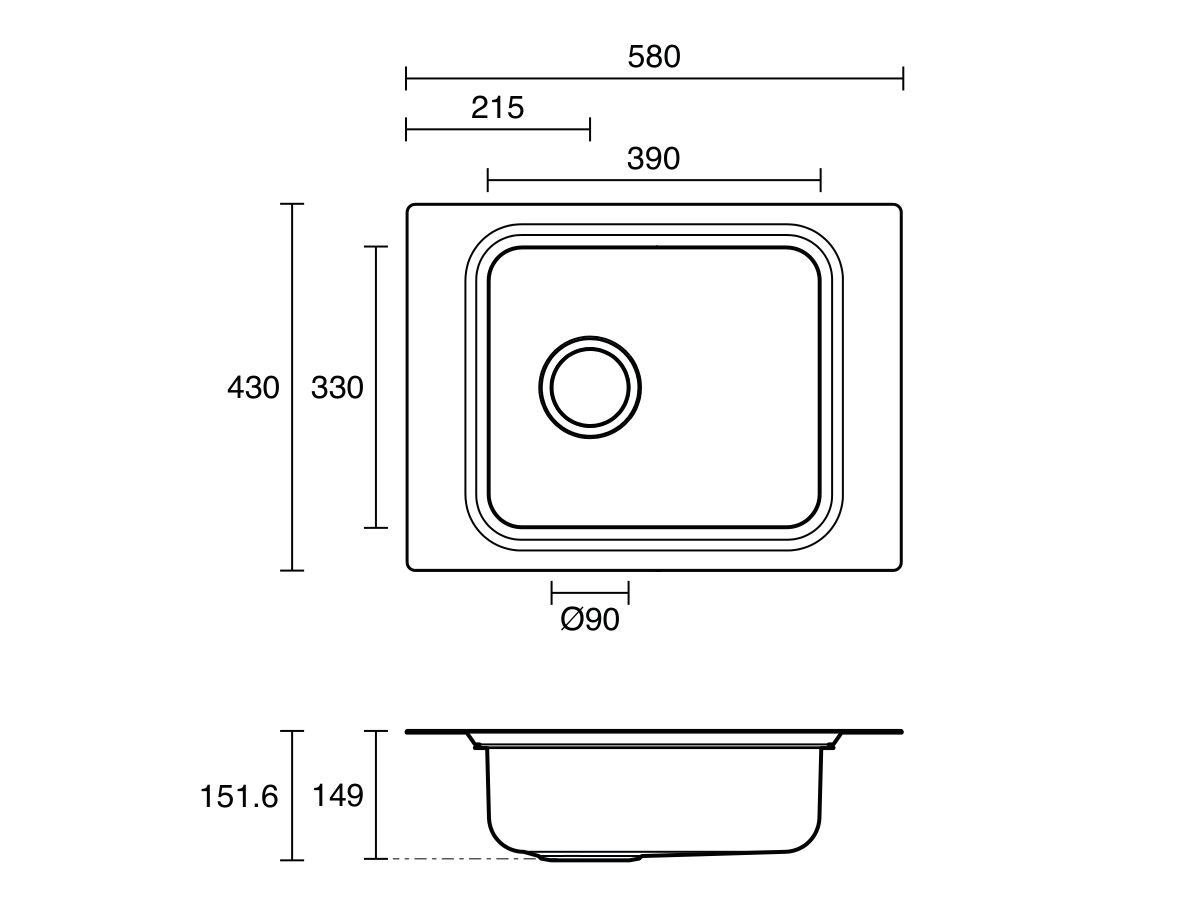 Technical Drawing - Posh Solus Care Single Bowl Sink No Taphole No Overflow Stainless Steel