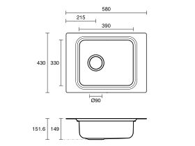 Technical Drawing - Posh Solus Care Single Bowl Sink No Taphole No Overflow Stainless Steel