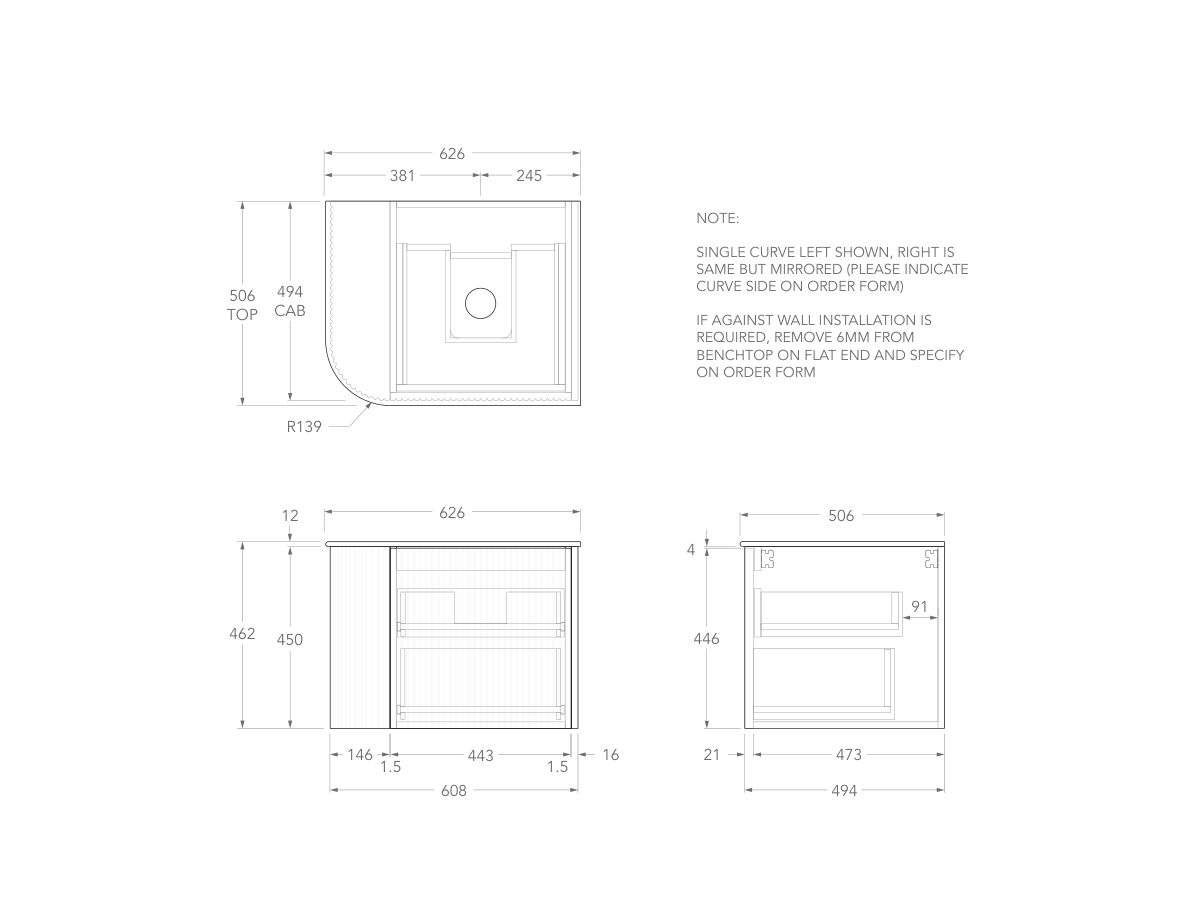 Technical Drawing - Kado Neue Fluted Single Curve All Drawer 600mm Wall Hung Vanity with Centre Basin Durasein 12mm Top