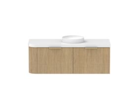 Supporting Image - Kado Neue Fluted Single Curve All Drawer 1350mm Wall Hung Vanity with Centre Basin Durasein 50mm Top Boston Oak