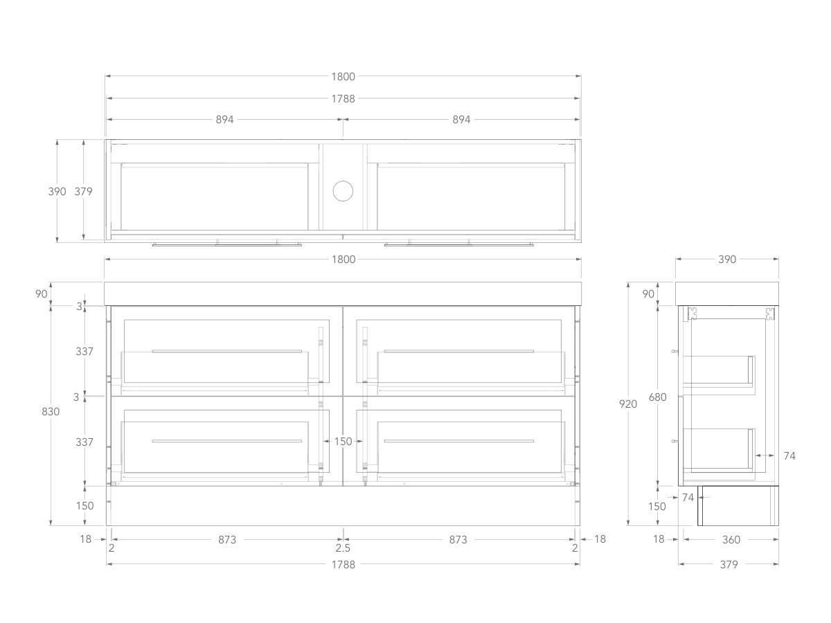 Technical Drawing - Kado Lux Ensuite All Drawer Twin 1800mm Floor Mount Centre Basin 90mm Top
