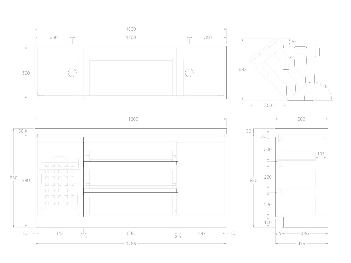 Technical Image - Posh Domaine Plus Hamper 1800 Floor Mounted Double Bowl 50mm Top