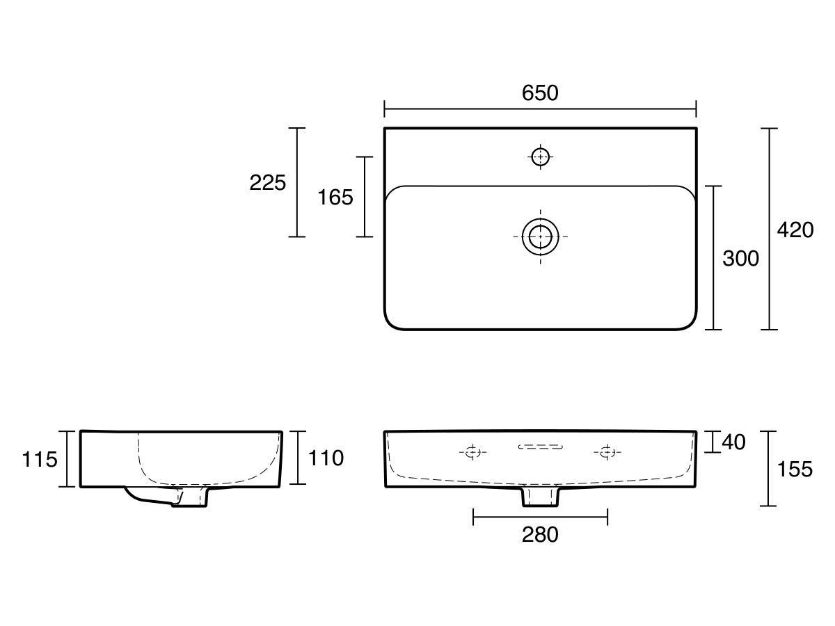 Technical Drawing - LAUFEN Val Counter/Wall Basin 650mm x 420mm 1 Taphole with Overflow